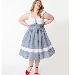 Unique Vintage Plus Size 1950s Chambray & Cherry Print Lola Swing Dress